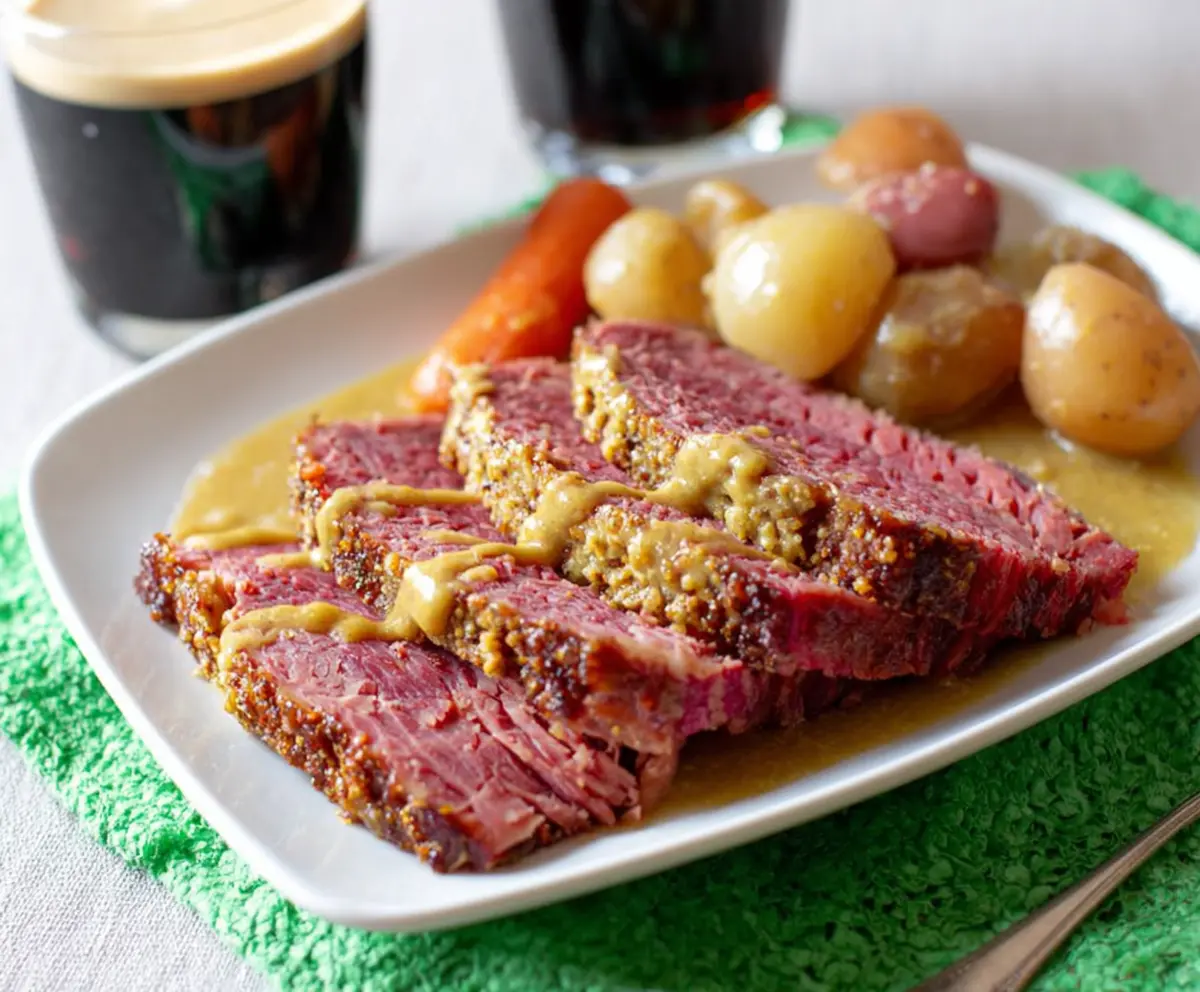 Juicy Instant Pot Corned Beef with a glossy mustard glaze, served on a cutting board