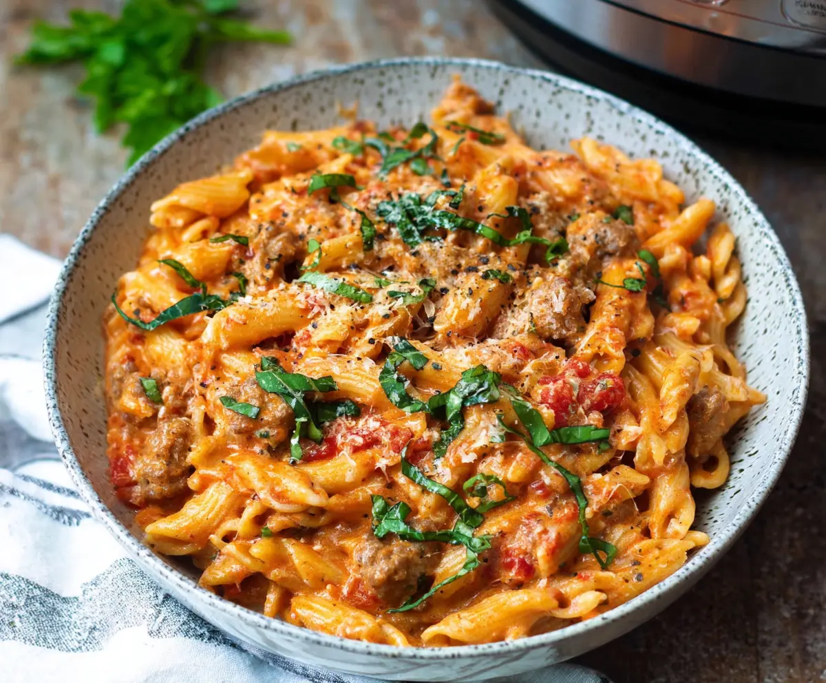 Delicious creamy sausage pasta cooked in an Instant Pot, garnished with herbs. Perfect for a quick family dinner.