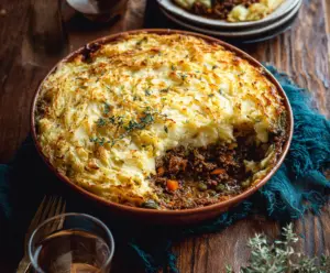 Homemade Irish Cottage Pie with seasoned minced beef, topped with mashed potatoes, served in a rustic dish.