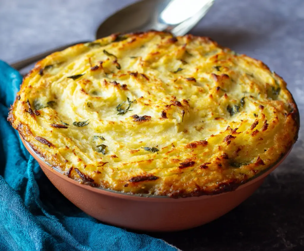 Delicious Irish Shepherd's Pie with seasoned ground beef, topped with creamy mashed potatoes, served in a rustic dish.
