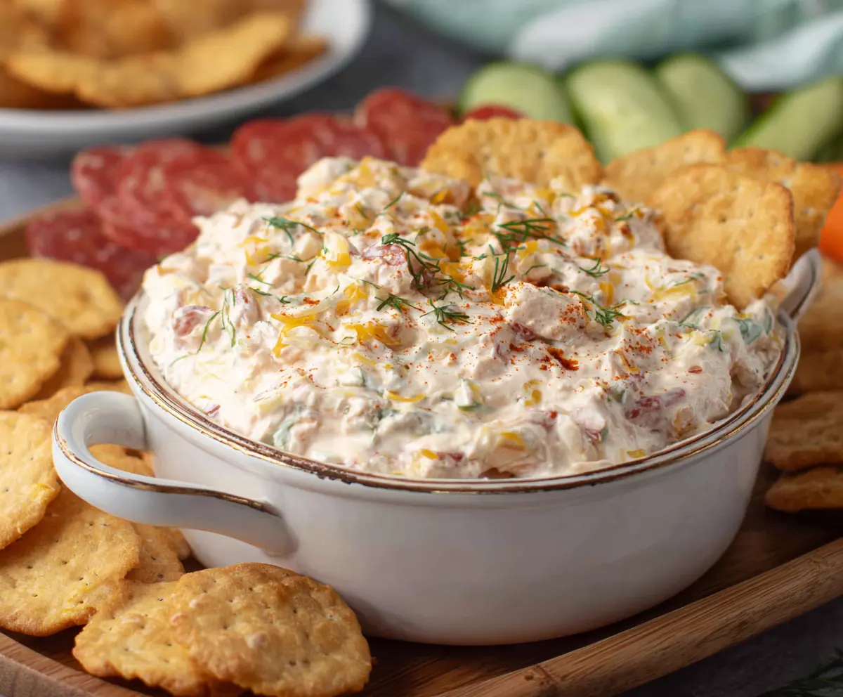 Delicious Boat Dip served with fresh vegetables and bread for parties.
