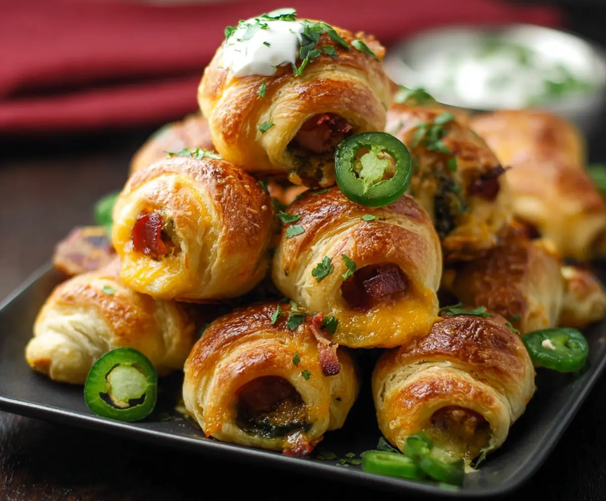Crispy Jalapeño Popper Pigs In A Blanket served with melted cheese and fresh herbs