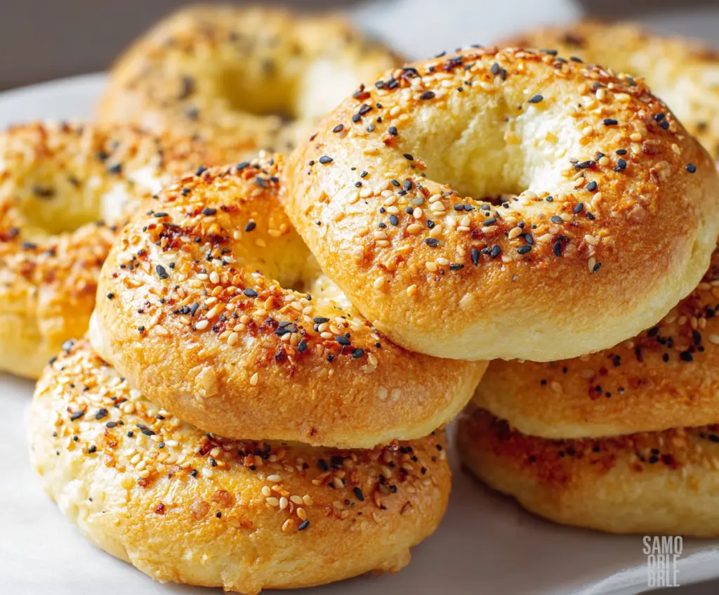 Delicious homemade keto bagels with a golden crust on a wooden board.