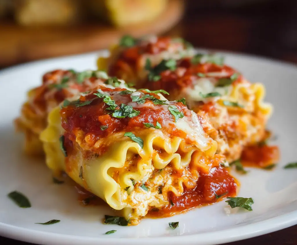 Delicious baked lasagna roll ups filled with cheese and marinara sauce on a rustic plate