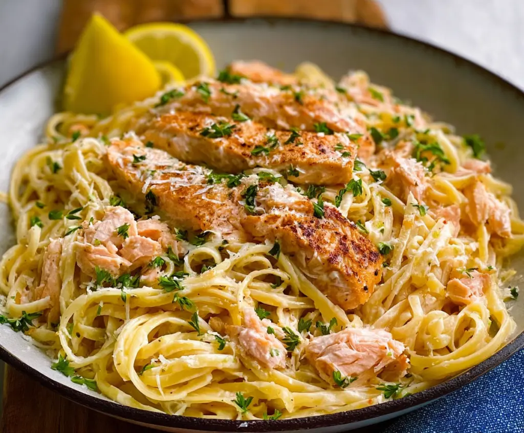 Creamy lemon butter salmon pasta garnished with fresh herbs on a white plate.