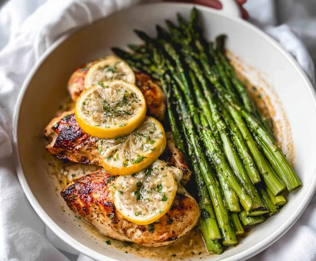 Delicious Lemon Chicken with Fresh Asparagus on a white plate, perfect for a healthy dinner.