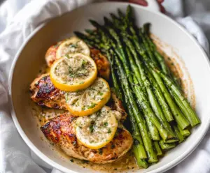 Delicious Lemon Chicken with Fresh Asparagus on a white plate, perfect for a healthy dinner.