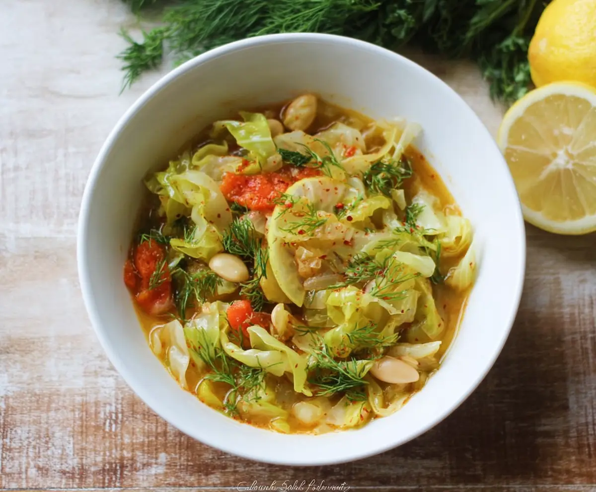 Hearty lemon dill cabbage soup served in a bowl with fresh herbs