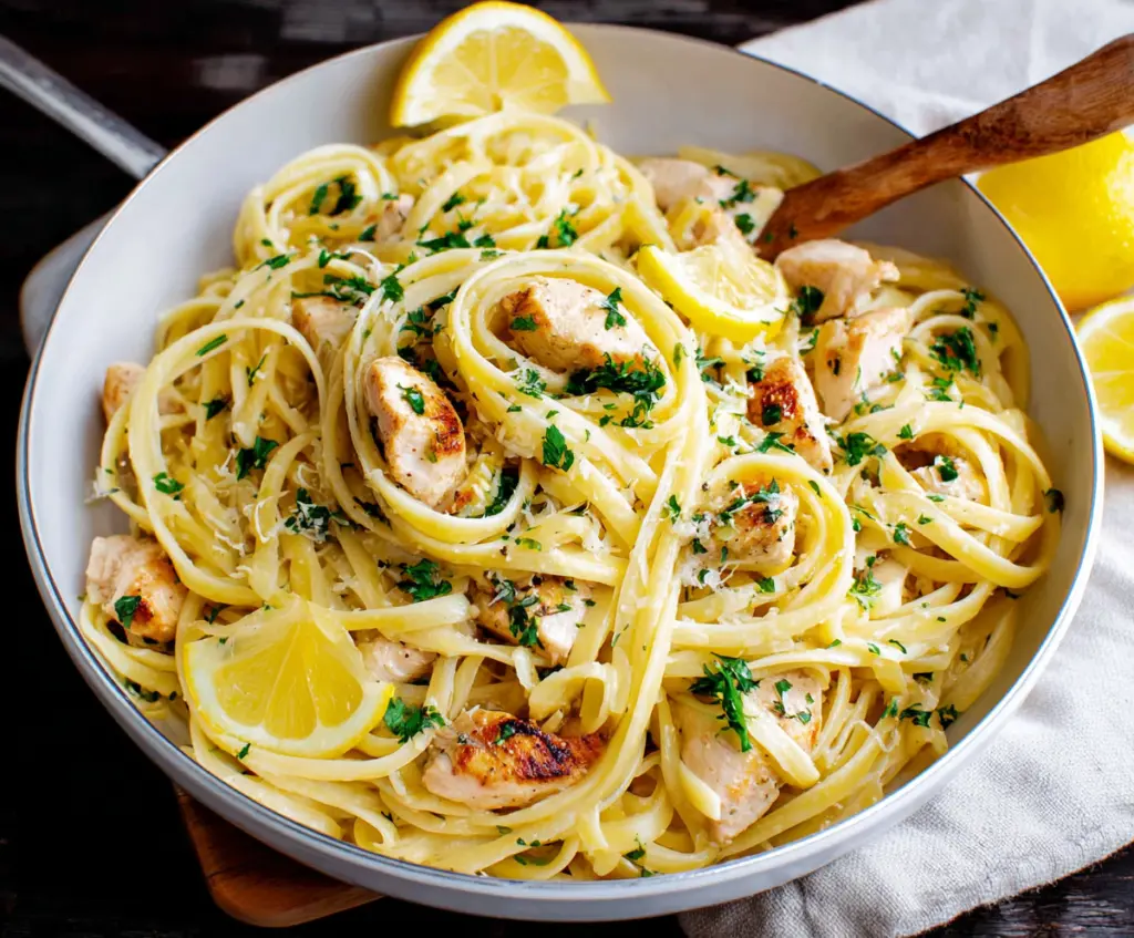 Delicious lemon garlic chicken pasta dish served on a white plate, garnished with fresh herbs.