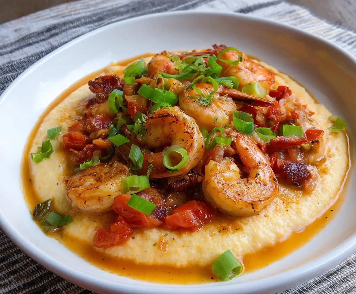 Delicious Louisiana Shrimp and Grits served with creamy sauce and fresh herbs.