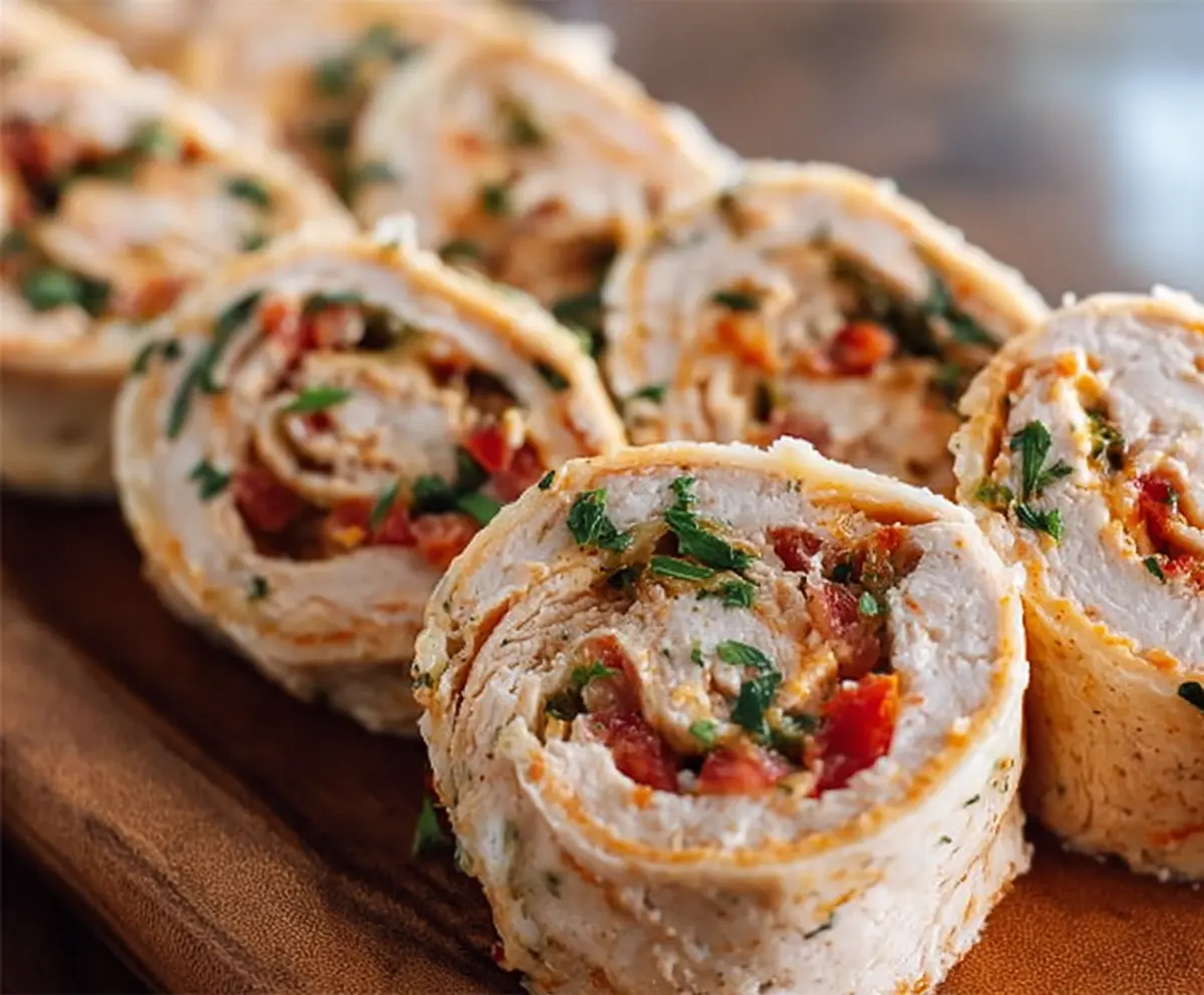 Delicious Mexican chicken pinwheel roll-ups with colorful peppers and melted cheese on a serving platter.