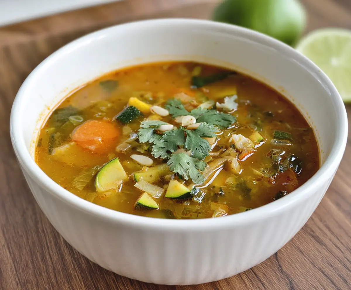 Delicious bowl of Mexican zucchini soup garnished with herbs and lime, served in a rustic bowl.