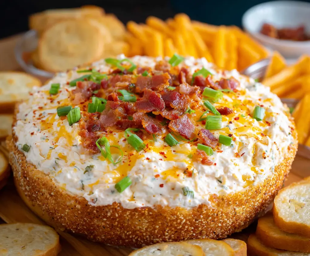 Creamy Million Dollar Dip with crispy bacon and melted cheese served as a savory appetizer.