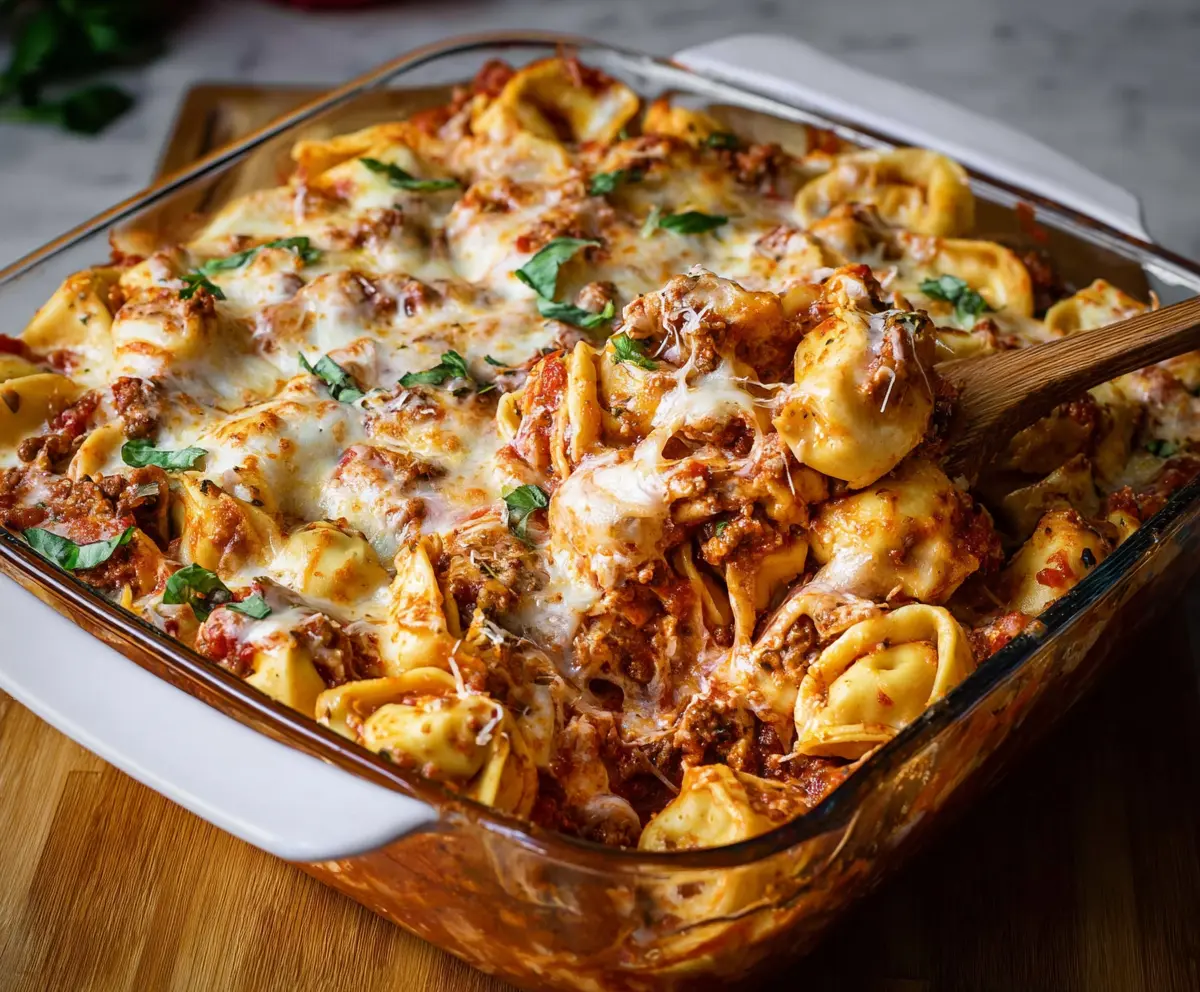 Delicious Million Dollar Tortellini Casserole with melted cheese and savory ingredients in a baking dish.