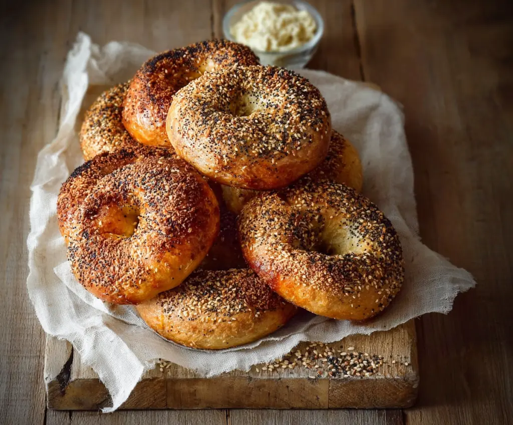 Golden Montreal style bagels with a shiny crust on a wooden surface, ready to be enjoyed.