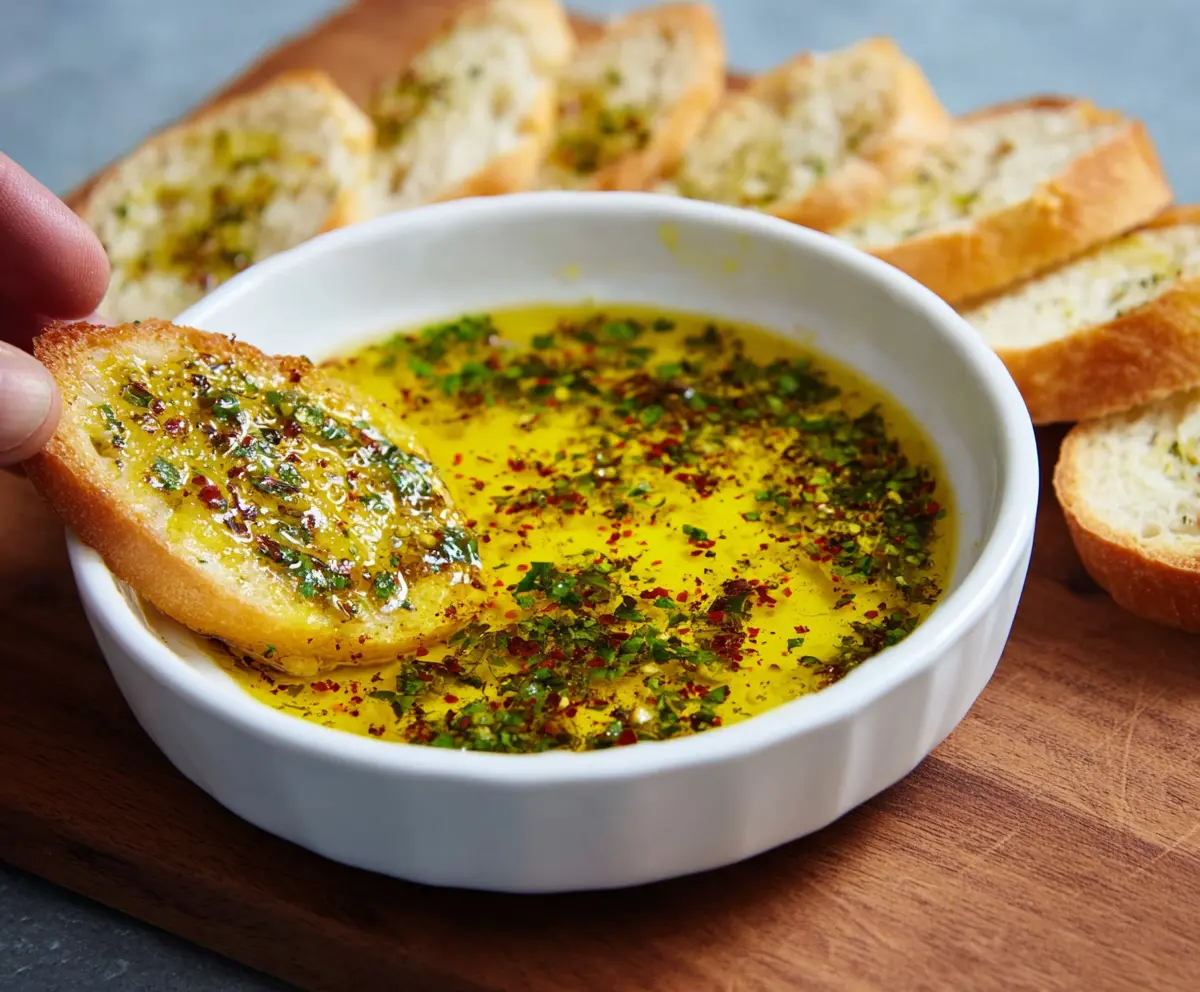 Close-up of a bowl of delicious olive oil bread dip with herbs and spices for dipping bread.