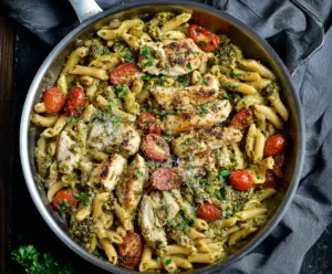 Delicious one-pan pesto chicken pasta garnished with fresh basil and parmesan cheese.