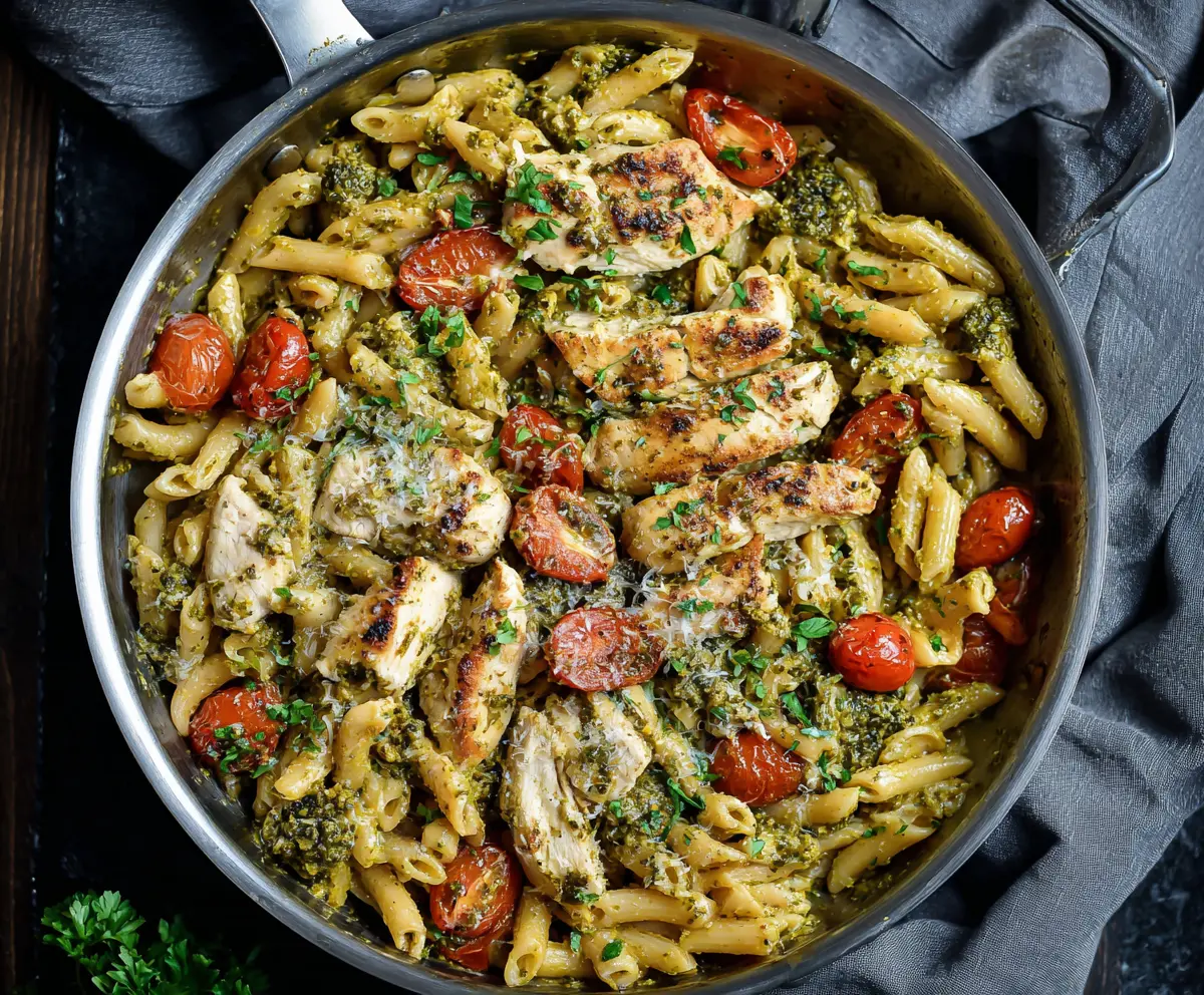 Delicious one-pan pesto chicken pasta garnished with fresh basil and parmesan cheese.