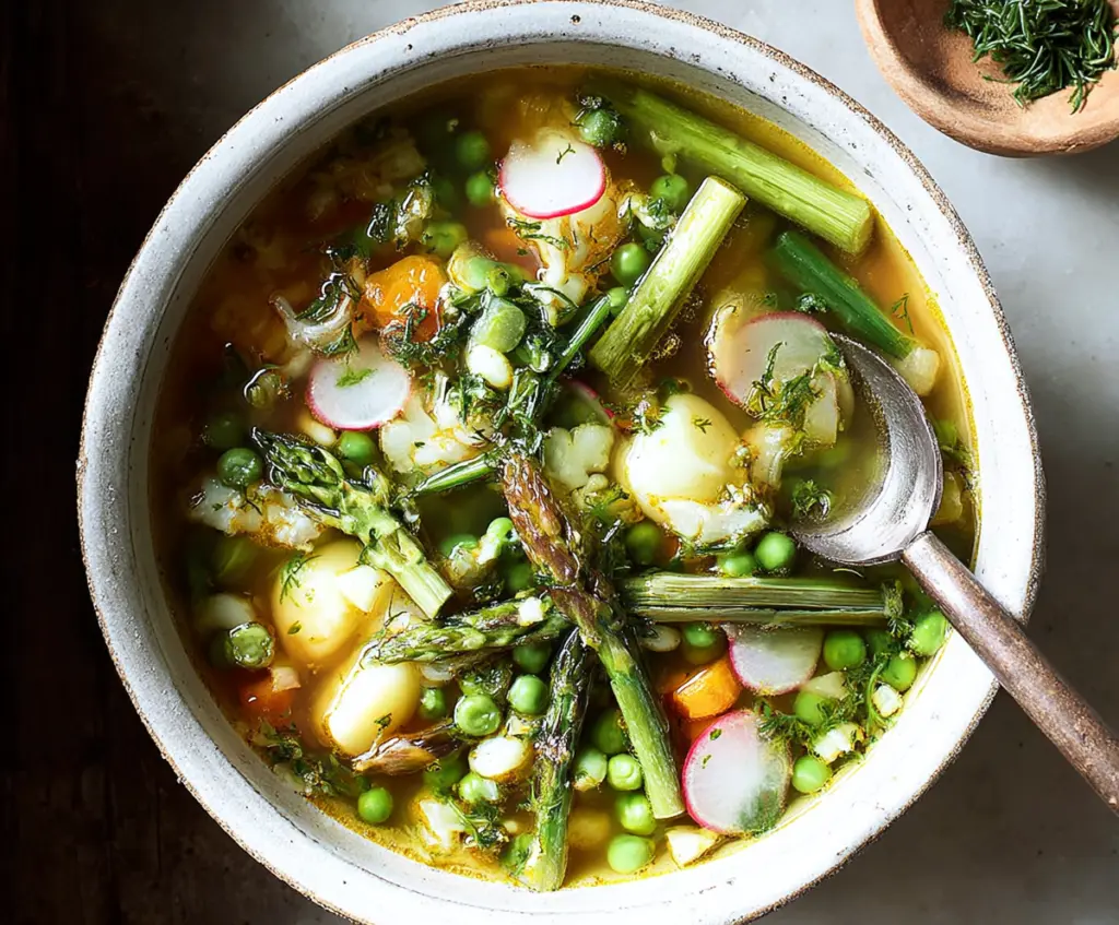 Delicious one-pot spring vegetable soup with fresh seasonal vegetables in a hearty bowl.