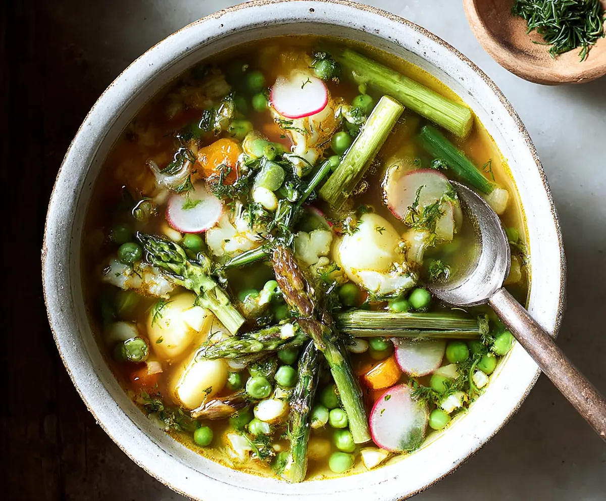 Delicious one-pot spring vegetable soup with fresh seasonal vegetables in a hearty bowl.
