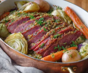 Oven roasted corned beef with cabbage and potatoes served on a plate