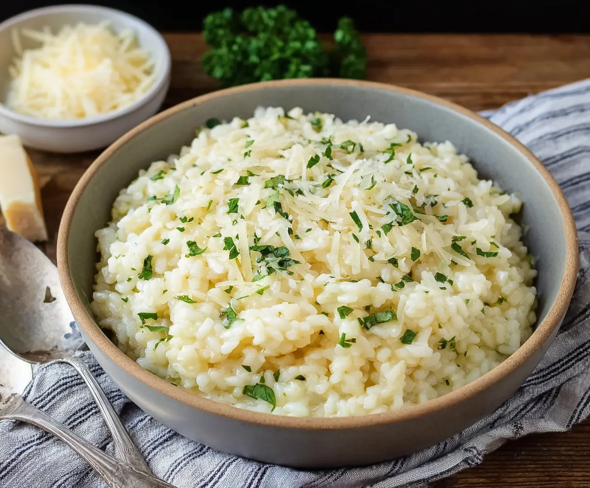 Creamy Parmesan Risotto in a bowl, garnished with grated cheese and fresh herbs.