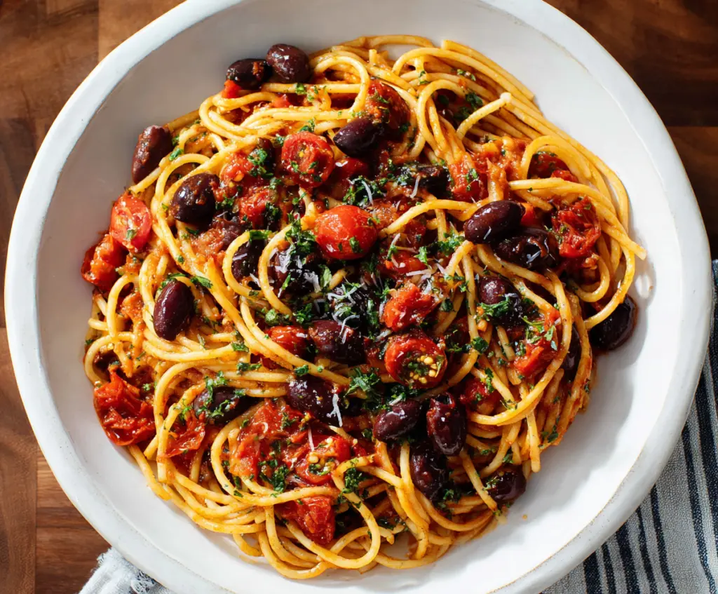 Delicious Pasta Puttanesca with olives, capers, and tomatoes served on a white plate