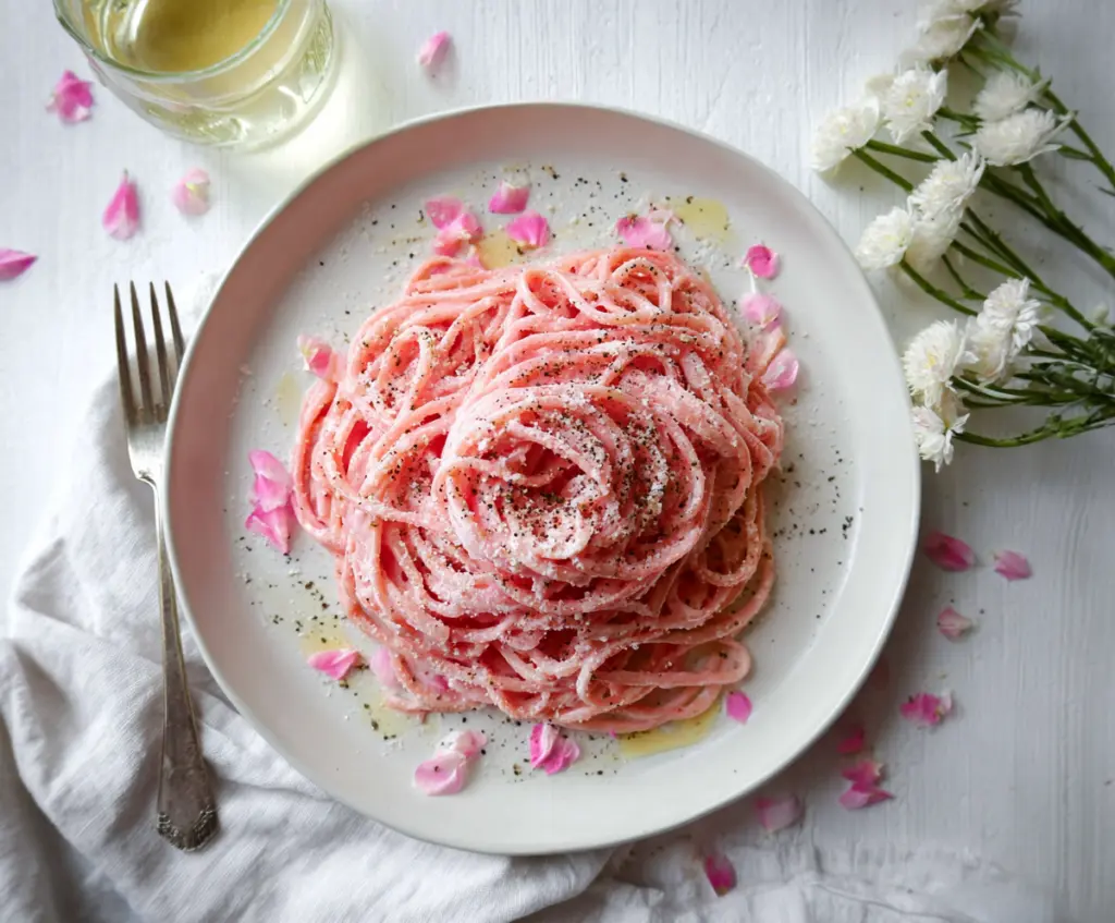 Delicious Pink Cacio E Pepe pasta served in a stylish bowl with creamy cheese sauce and black pepper.