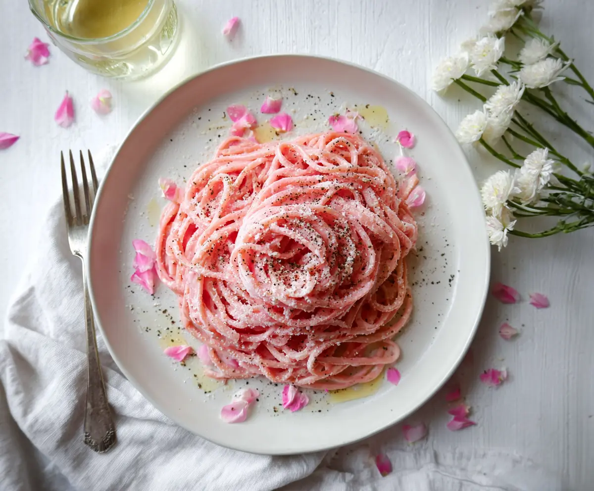 Delicious Pink Cacio E Pepe pasta served in a stylish bowl with creamy cheese sauce and black pepper.