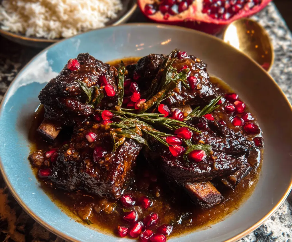 Delicious pomegranate braised short ribs served on a plate with garnishes
