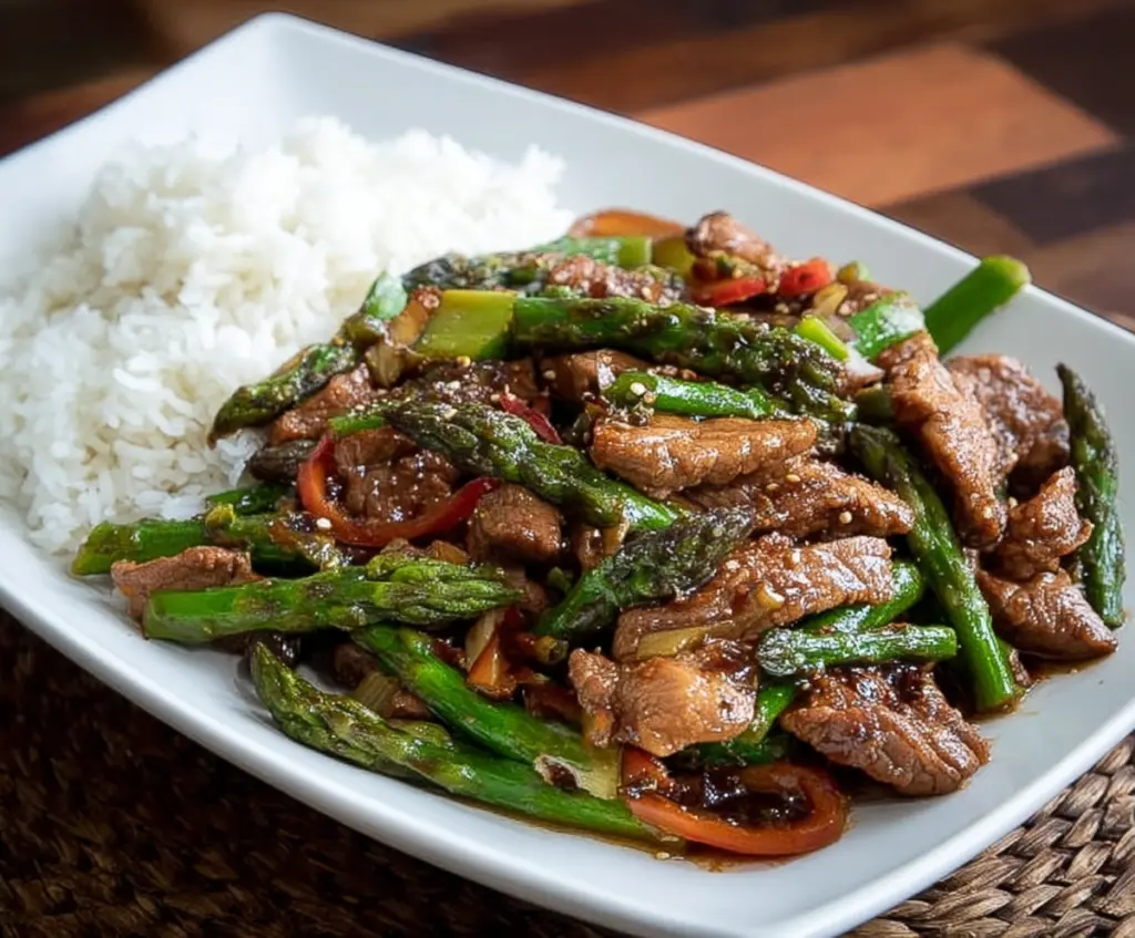 Delicious pork and fresh asparagus stir fry served in a bowl for a healthy meal option.