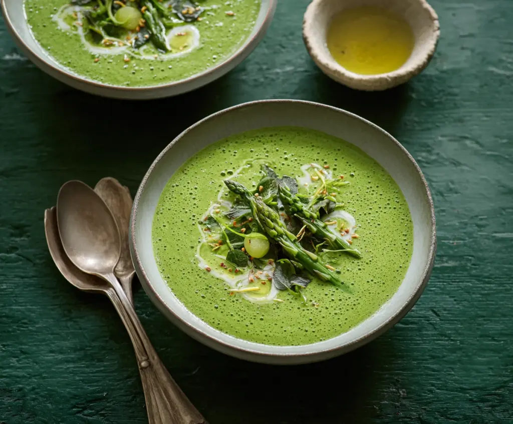 Fresh Primavera Spring Green Soup in a bowl with vibrant vegetables and herbs, perfect for a healthy spring meal.