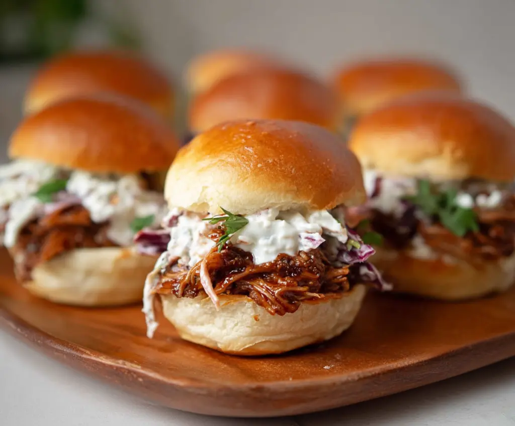 Delicious pulled pork sliders topped with fresh coleslaw on a wooden serving platter.