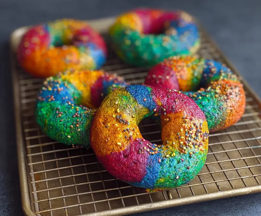 Colorful rainbow bagels with vibrant layers of pink, yellow, green, and purple, stacked on a modern plate.