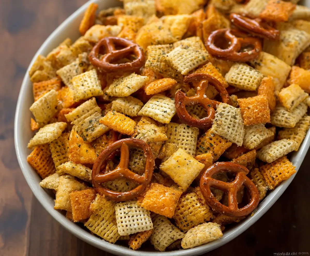 Delicious homemade Ranch Chex Mix with crunchy textures and flavorful seasoning.