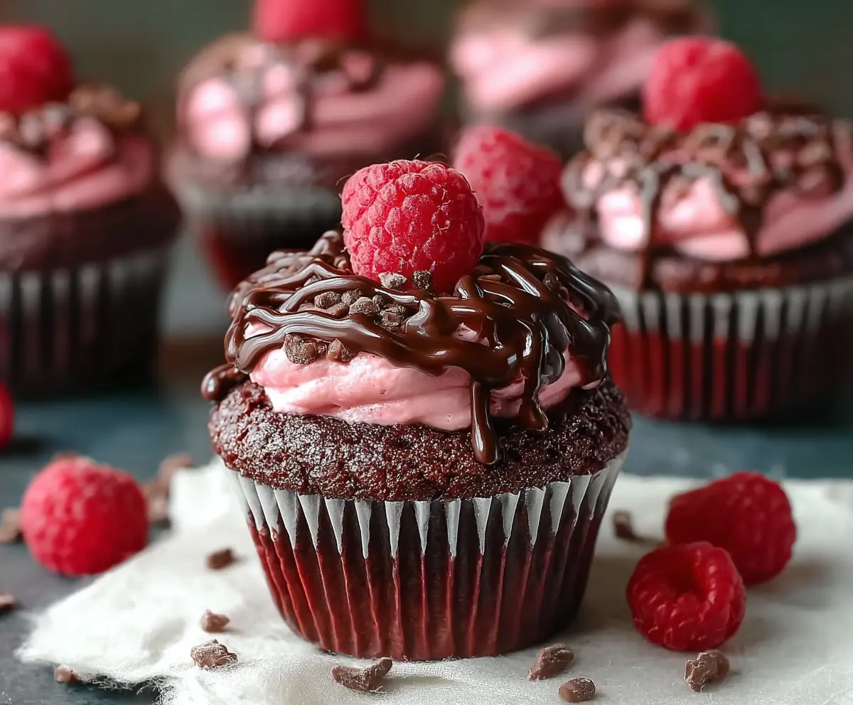 Delicious Raspberry Chocolate Lava Cupcakes with gooey centers and fresh berries on top.