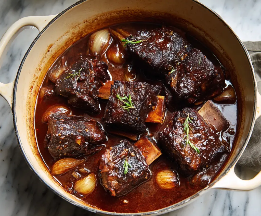 Delicious red wine braised short ribs served with vegetables on a rustic plate.