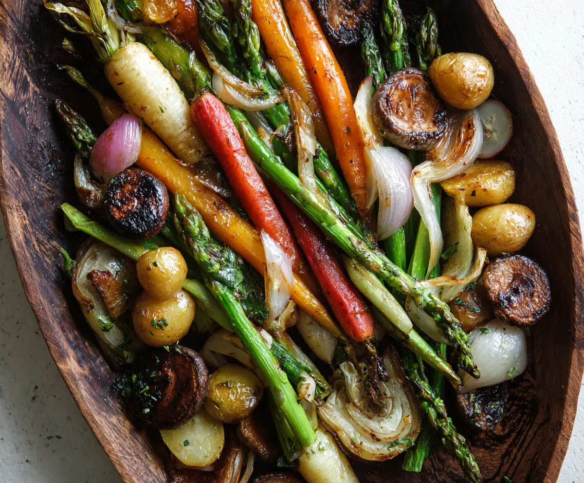 Colorful roasted spring vegetables on a baking tray, showcasing fresh carrots, asparagus, and peas ready to serve.