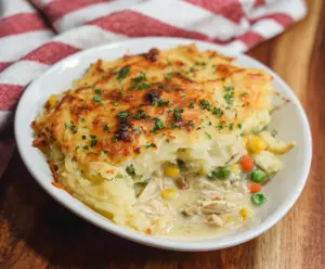 Delicious rotisserie chicken shepherd's pie with golden mashed potatoes and hearty filling