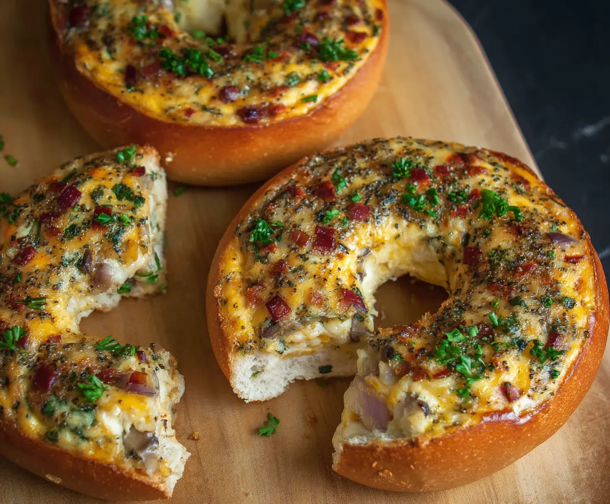 Delicious savory quiche stuffed bagels with melted cheese and fresh herbs on a rustic wooden table.