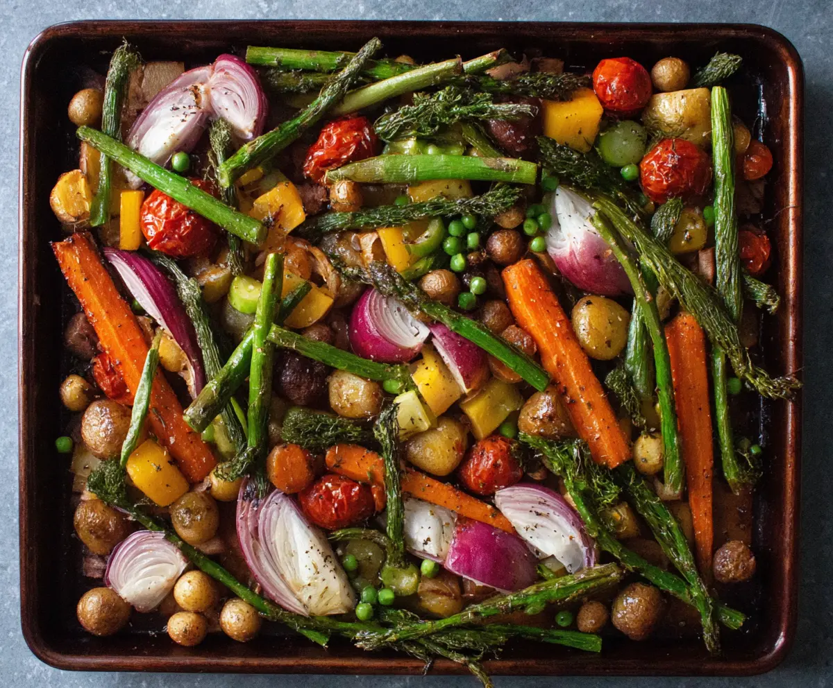 Colorful sheet pan spring vegetables with asparagus, carrots, and bell peppers ready for roasting.