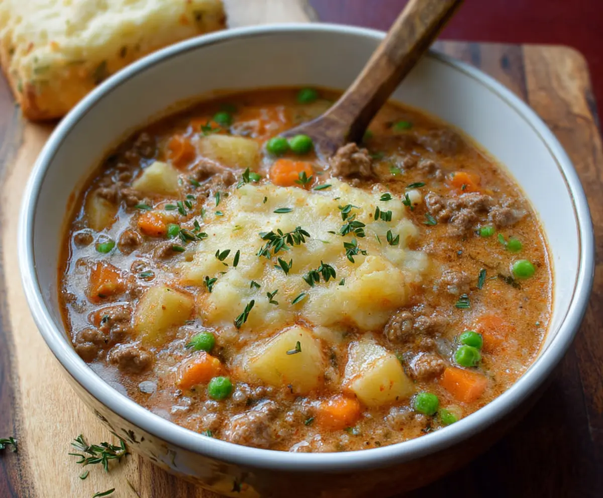 Hearty Shepherd's Pie Soup with savory ground meat, vegetables, and creamy mashed potato topping in a bowl.