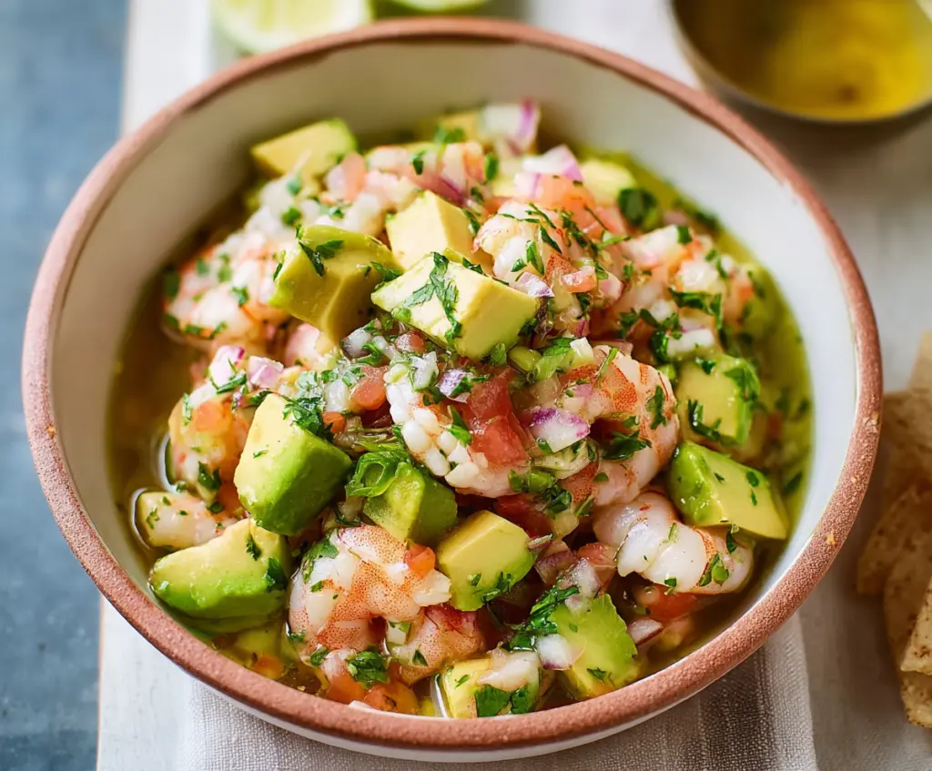 Delicious shrimp ceviche with fresh avocado slices, perfect for a refreshing appetizer.