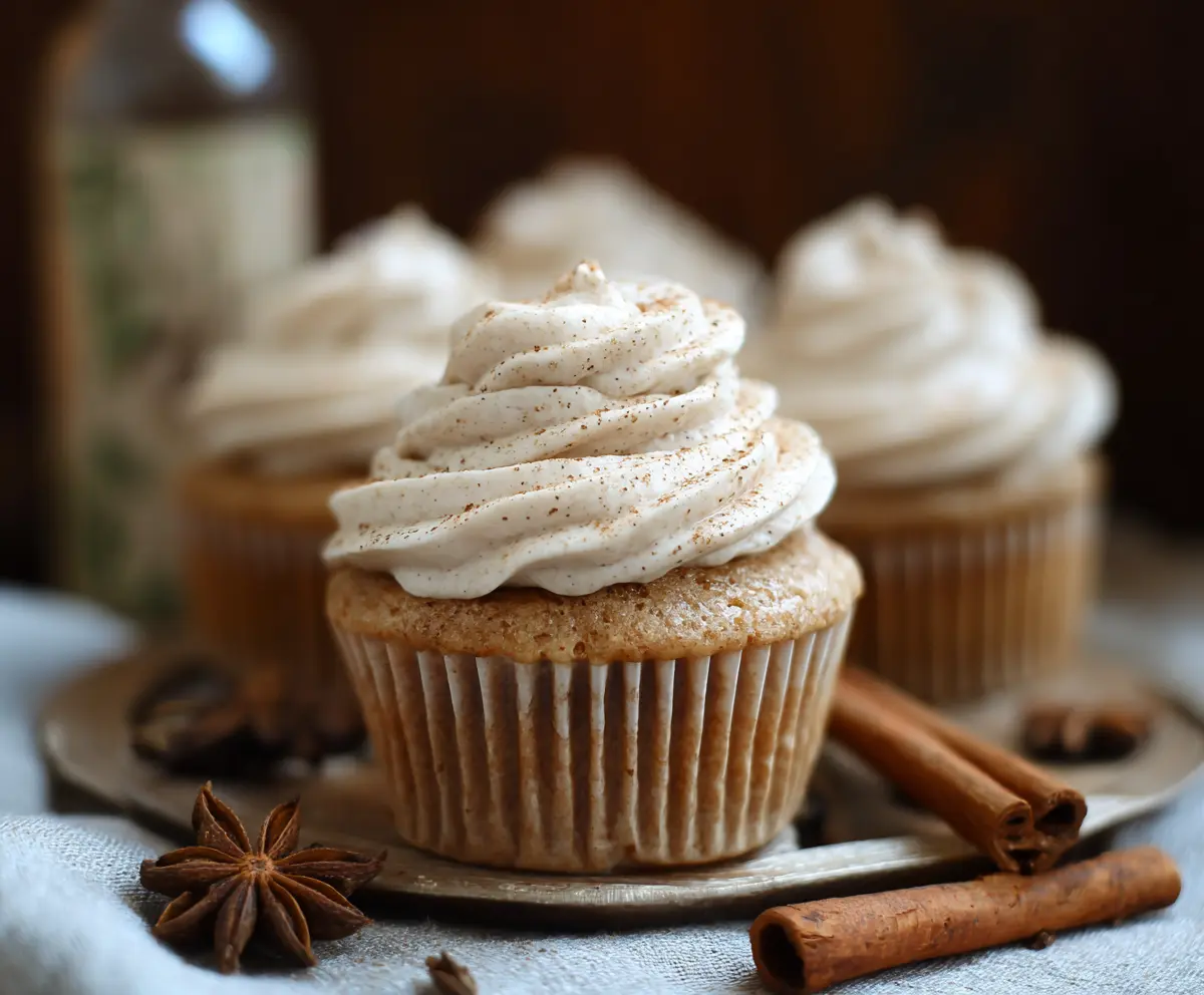 Delicious sourdough chai cupcakes topped with whipped cream and cinnamon, perfect for tea time.