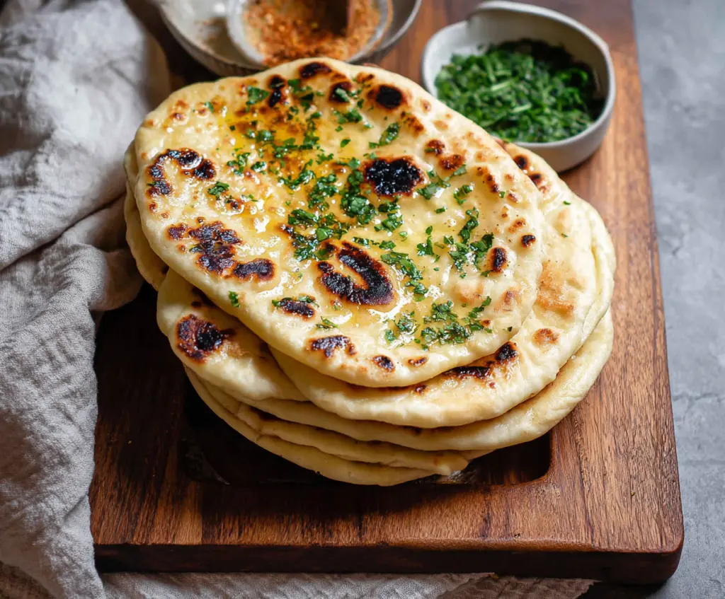 Homemade sourdough discard naan bread on a rustic wooden surface, showcasing golden, fluffy Indian flatbread.