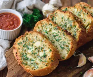 Delicious homemade sourdough garlic bread with a golden crust and aromatic garlic seasoning.