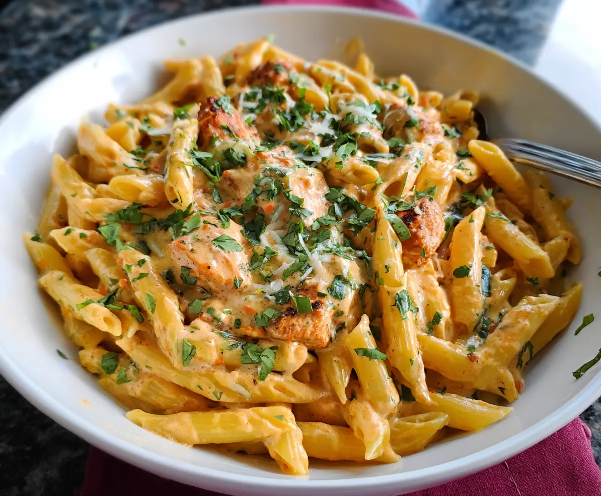 Creamy Southwest Alfredo Penne Pasta with grilled chicken, peppers, and melted cheese, served on a white plate.
