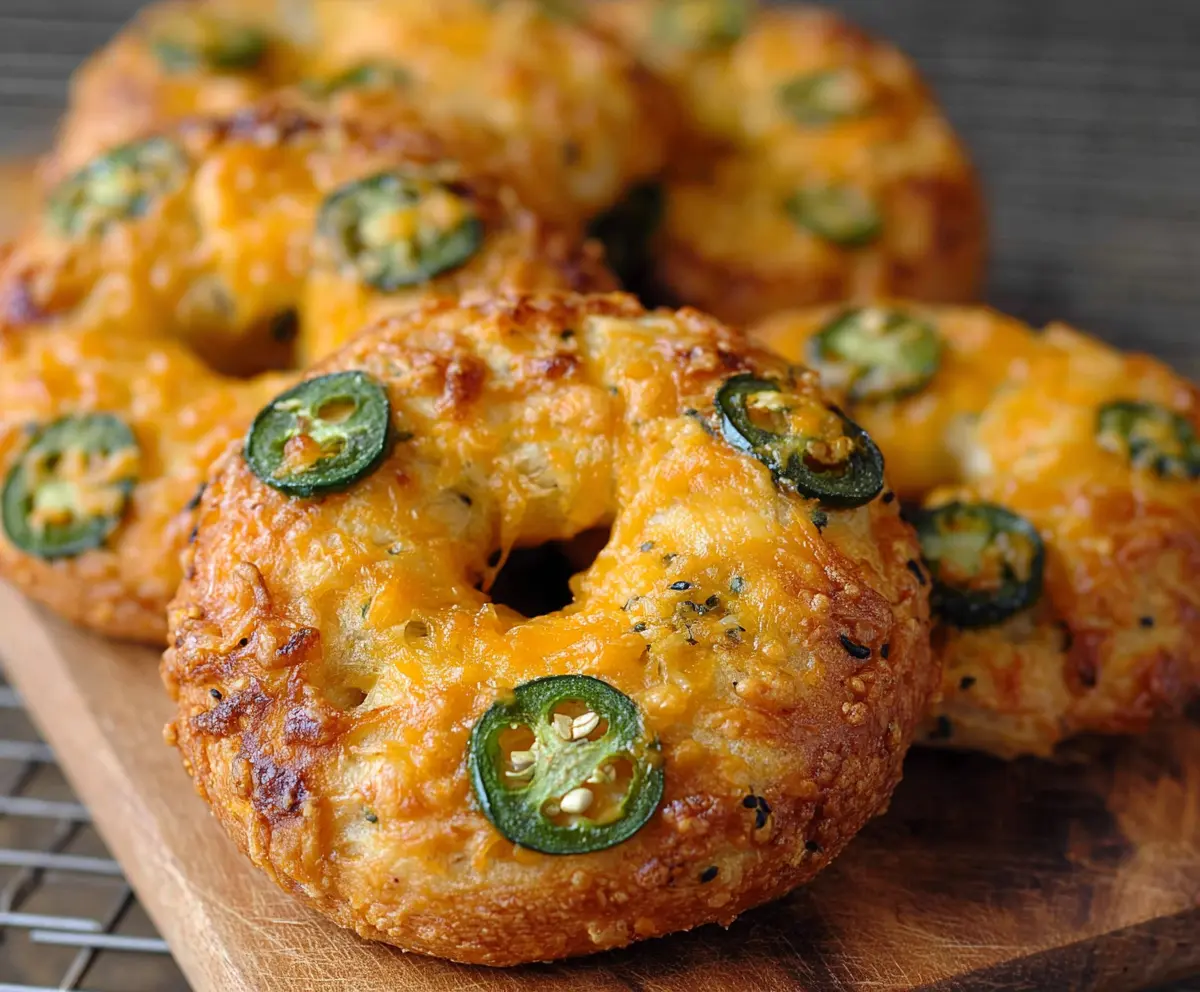 Delicious spicy jalapeño cheddar bagels freshly baked and ready to enjoy.