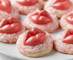 Delicious Strawberry Kiss Cookies with a sweet strawberry topping and decorative kiss design.