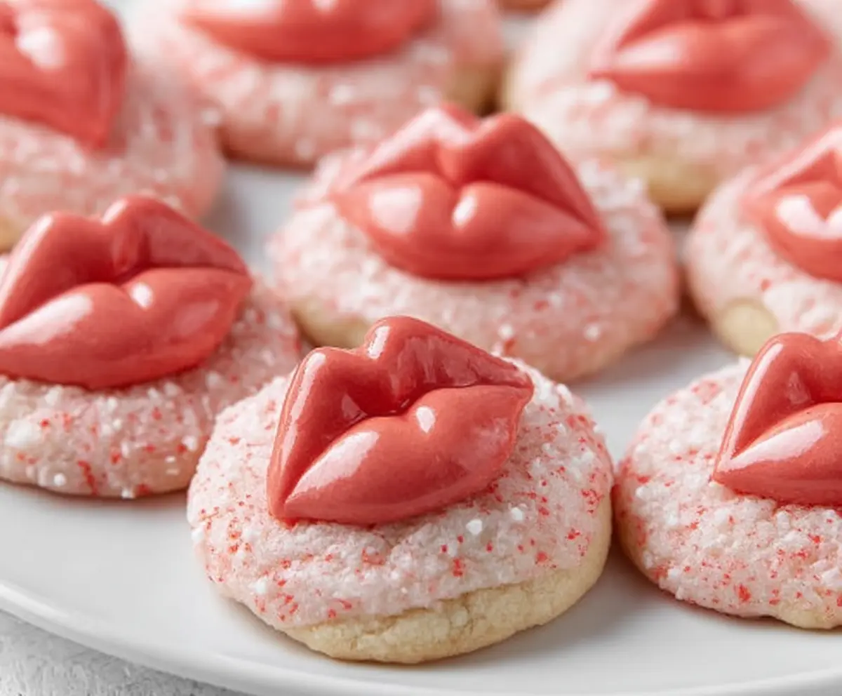 Delicious Strawberry Kiss Cookies with a sweet strawberry topping and decorative kiss design.